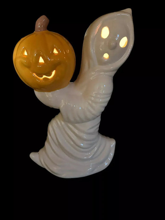 Hand Painted Ceramic Halloween Sculpture 12” Ghost With Pumpkin From Vintage - My Store